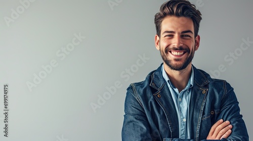 Portrait of smiling businessman with crossed arms looking at camera with smile text space ad new isolated on a bright white background. © WS Studio 1985