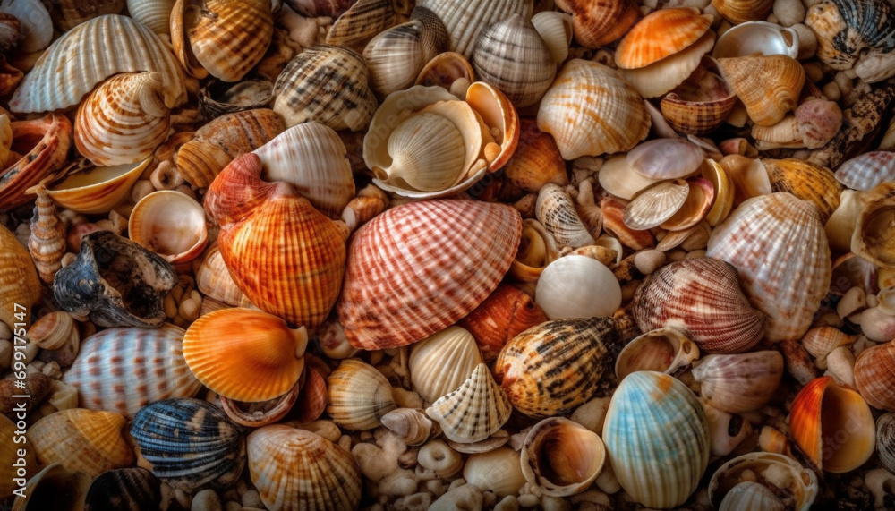 Underwater beauty in nature a collection of multi colored seashells generated by AI