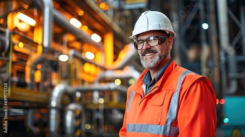 Portrait of Smiling Professional Heavy Industry Engineer / Worker Wearing Safety Uniform and Hard Hat.