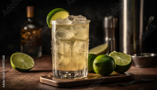 Refreshing lime cocktail with ice, citrus fruit, and fresh mint generated by AI