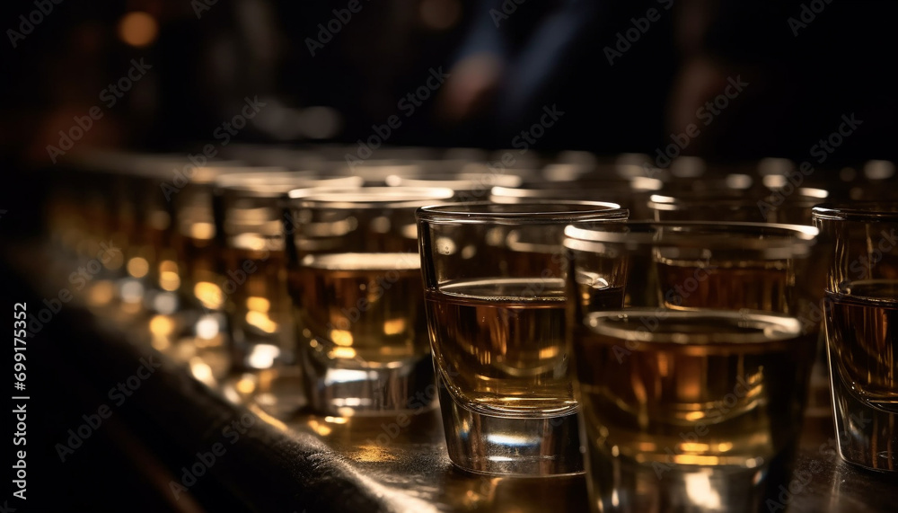 Nightclub celebration, whiskey shots in a row, elegant social event generated by AI