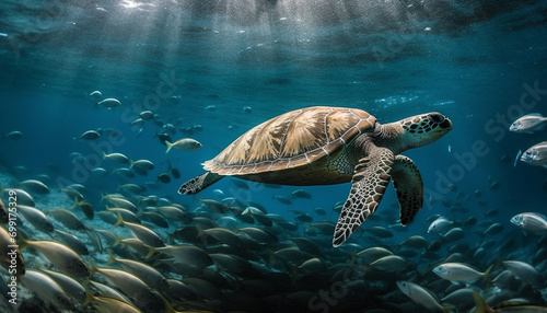 Underwater turtle swimming in blue sea with colorful coral reef generated by AI © Stockgiu