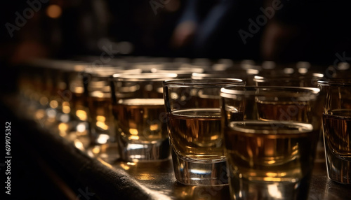 Nightclub celebration  whiskey shots in a row  elegant social event generated by AI