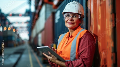 Portrait of successful female engineer with digital tablet at container warehouse. Senior woman in protective workwear looking at camera and smiling