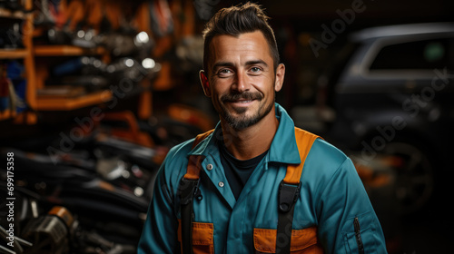 Auto mechanic in blue overalls in garage