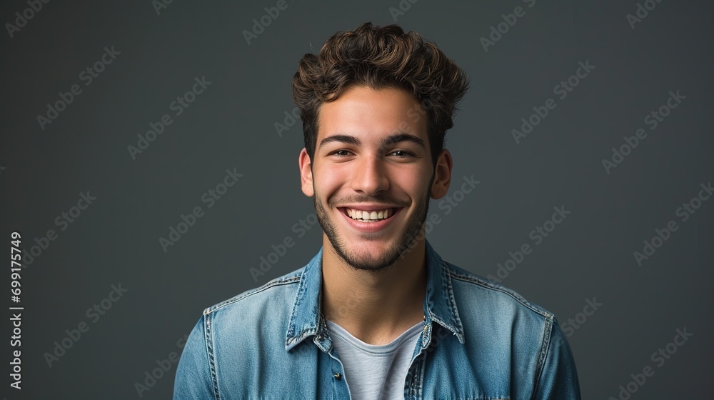 Fototapeta premium Portrait of young smiling man in denim shirt isolated on gray background