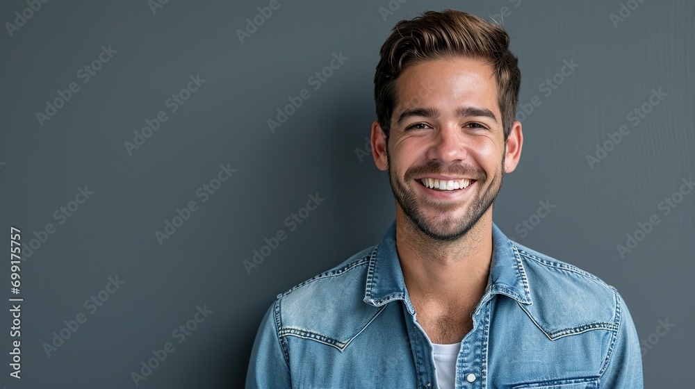 Obraz premium Portrait of young smiling man in denim shirt isolated on gray background