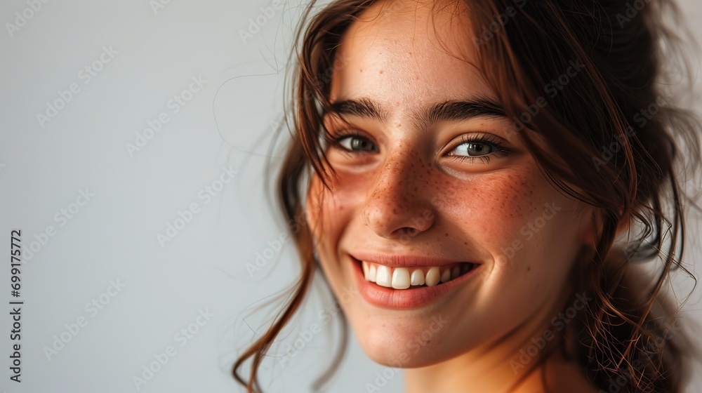 portrait of young woman casual portrait in positive view, big smile, beautiful model posing in studio over white background portrait of young woman casual portrait in positive view, big smile, beautiful model posing in studio over white background