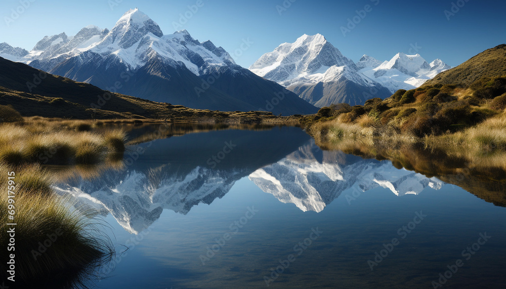 Majestic mountain peak reflects in tranquil water, surrounded by lush meadow generated by AI