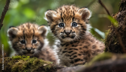 Cute young tiger cub playing in the grass, looking at camera generated by AI