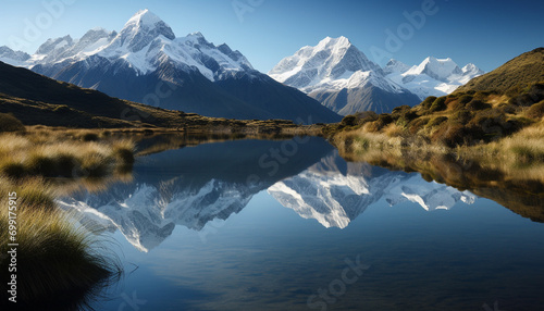Majestic mountain peak reflects in tranquil water, surrounded by lush meadow generated by AI