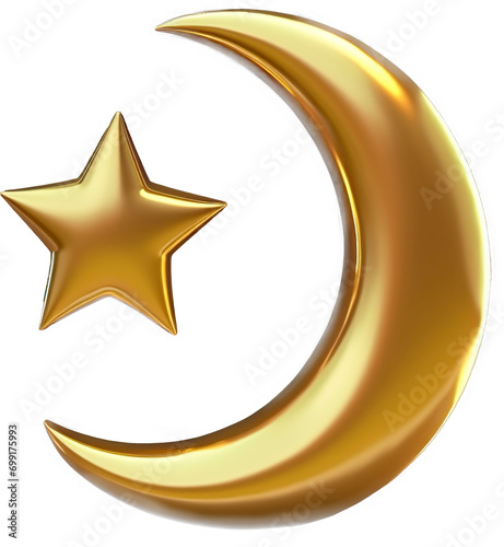 3d gold crescent half moon with glitter stars isolated on transparent background. PNG