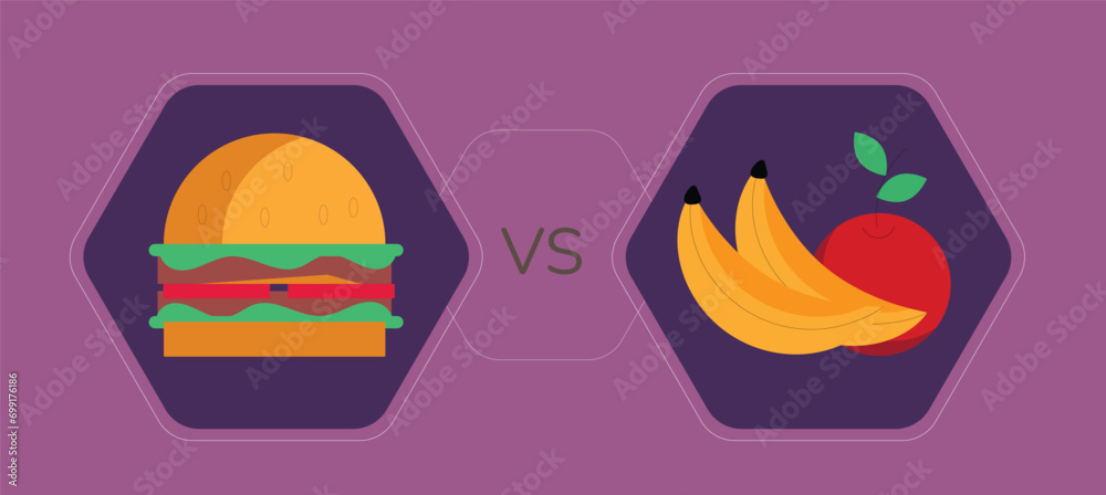Woman choosing between healthy and unhealthy food concept flat vector illustration. Fastfood vs balanced menu comparison