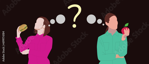 Woman choosing between healthy and unhealthy food concept flat vector illustration. Fastfood vs balanced menu comparison