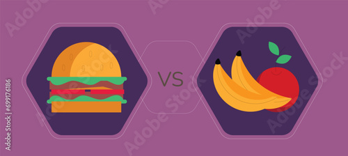 Woman choosing between healthy and unhealthy food concept flat vector illustration. Fastfood vs balanced menu comparison