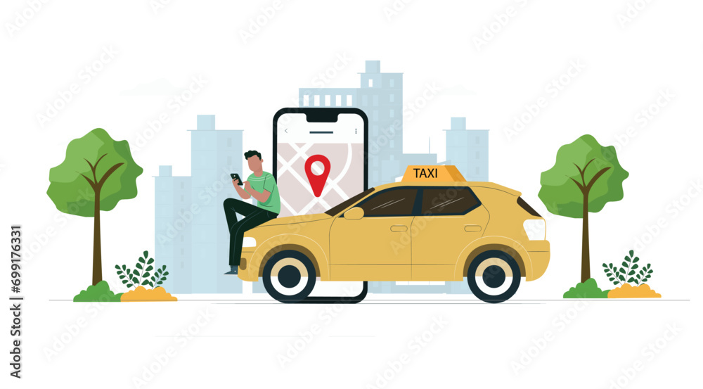 Taxi ordering service app concept.Boy booking yellow cab. Woman with smartphone order car transfer online