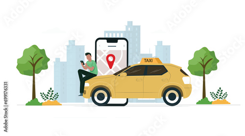 Taxi ordering service app concept.Boy booking yellow cab. Woman with smartphone order car transfer online