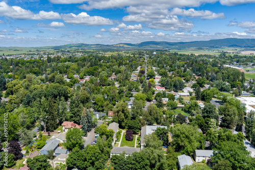 Photography Small Idaho town aerial view with clouds in the sky