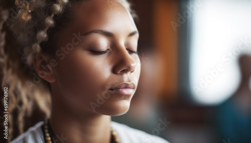 Young woman with brown curly hair sitting indoors, eyes closed, smiling generated by AI