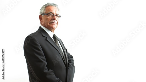 Senior businessman standing against white background.