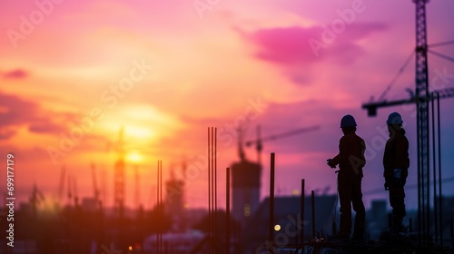 Silhouette engineer standing orders for construction crews to work on high ground heavy industry and safety concept over blurred nature background sunset pastel