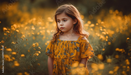 A cute girl in a yellow dress enjoys the sunset generated by AI