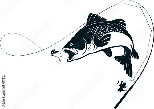 The fish jumps for the bait and fishing rod. Silhouette for fishing and outdoor activities