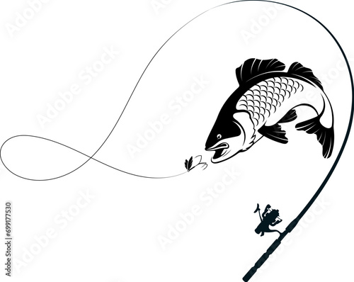 The fish grabs the bait and rod. Silhouette for fishing and outdoor activities