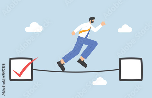 Aspiration to achieve higher-level task, progress to complete next mission, facing new challenge at work concept, Businessman running ladder looking at higher empty checkbox.

