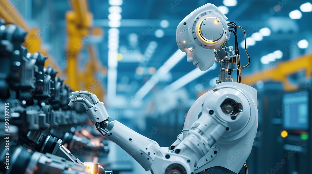 Fototapeta premium Smart robot arm systems for innovative warehouse and factory digital technology.