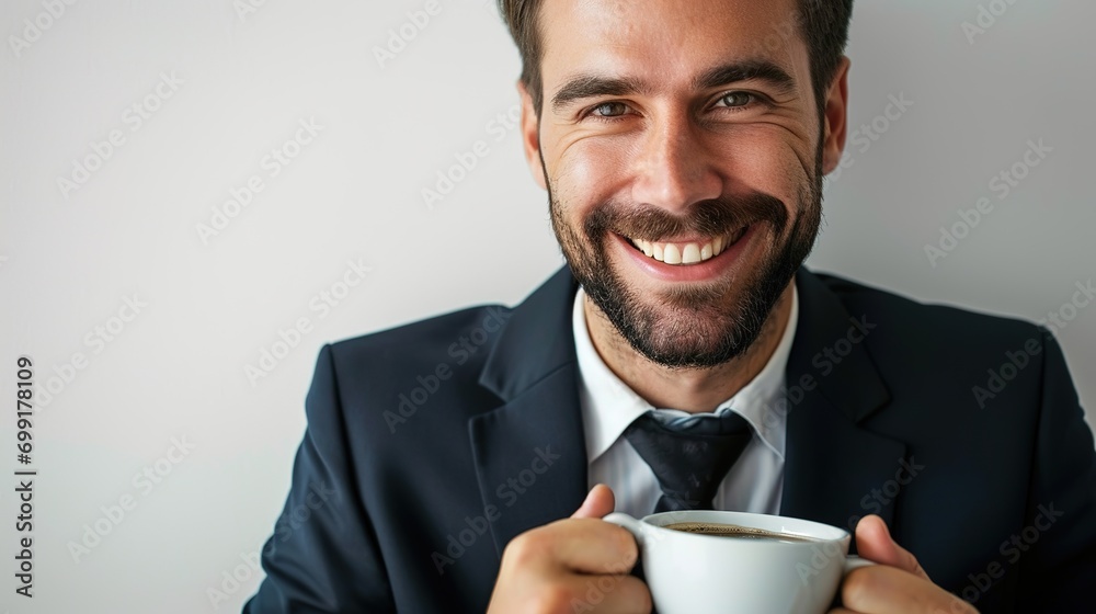 Smiling businessman having coffee against white background Smiling businessman having coffee against white background