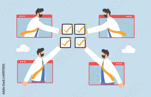 Submission of completed work via remote work, team flexibility with ability to work from anywhere concept, Colleagues appearing on conference call windows to submit their finished works.

