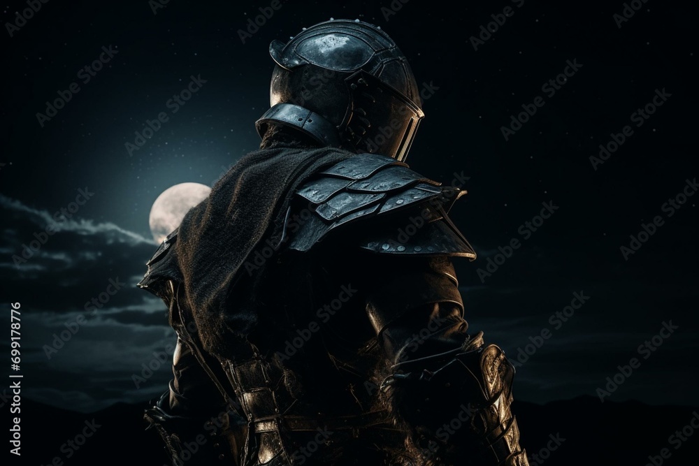 Armored warrior under moonlit sky. Generative AI