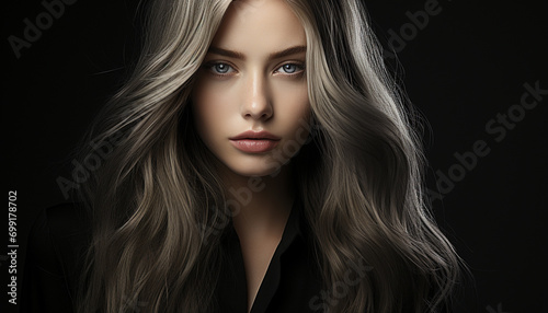Beautiful Caucasian woman with long blond hair looking at camera generated by AI © djvstock