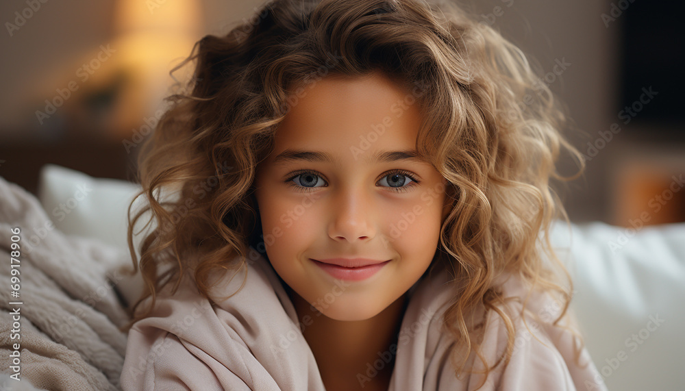 Cute girl smiling, looking at camera, enjoying playful indoor fun generated by AI Cute girl smiling, looking at camera, enjoying playful indoor fun generated by AI