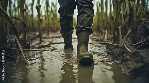 Low angle photography of a farmer man wearing olive green boots, walking through the muddy corn field after the water or river flood. Destroyed agricultural soil, damaged countryside crops or plants