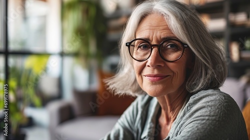 Smiling middle aged mature grey haired woman looking at camera, happy old lady in glasses posing at home indoor, positive single senior retired female sitting on sofa in living room headshot portrait