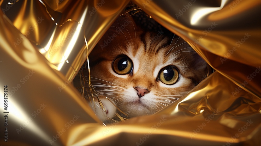 An adorable cat peeking out from behind a large, shiny golden balloon, its eyes reflecting the shimmer.
