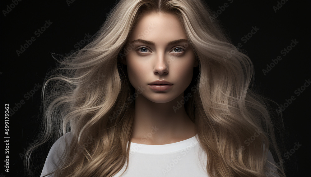 Beautiful blond woman with long curly hair, looking sensually at camera generated by AI Beautiful blond woman with long curly hair, looking sensually at camera generated by AI