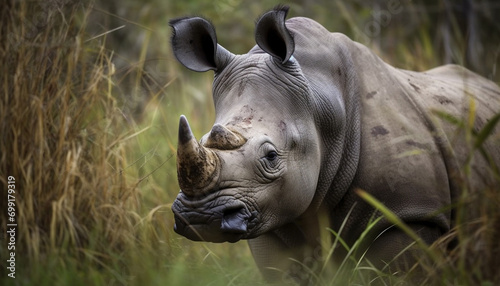 Large mammal grazing in the African savannah, close up portrait of rhinoceros generated by AI