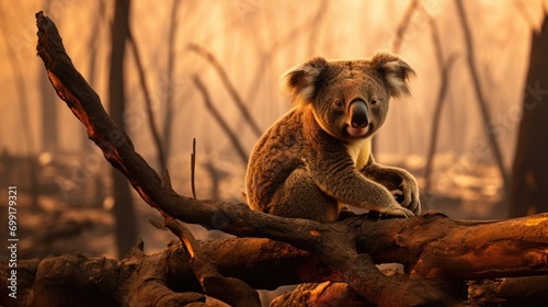 distressed koala in a bushfire-ravaged landscape, symbolizing wildfire impact generative ai