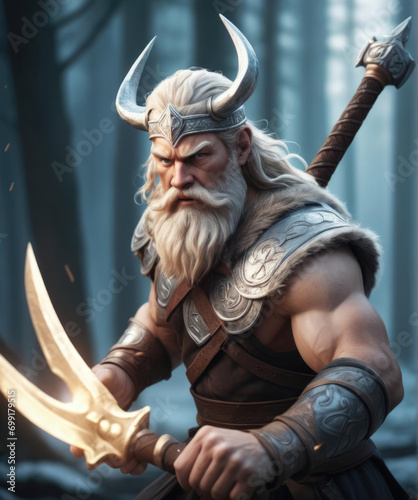 Freyr - Nordic god in a dynamic action scene with his magical sword, rendered in vibrant 3D photorealistic textures Gen AI photo