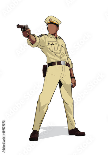 Indian police officer in uniform with gun	