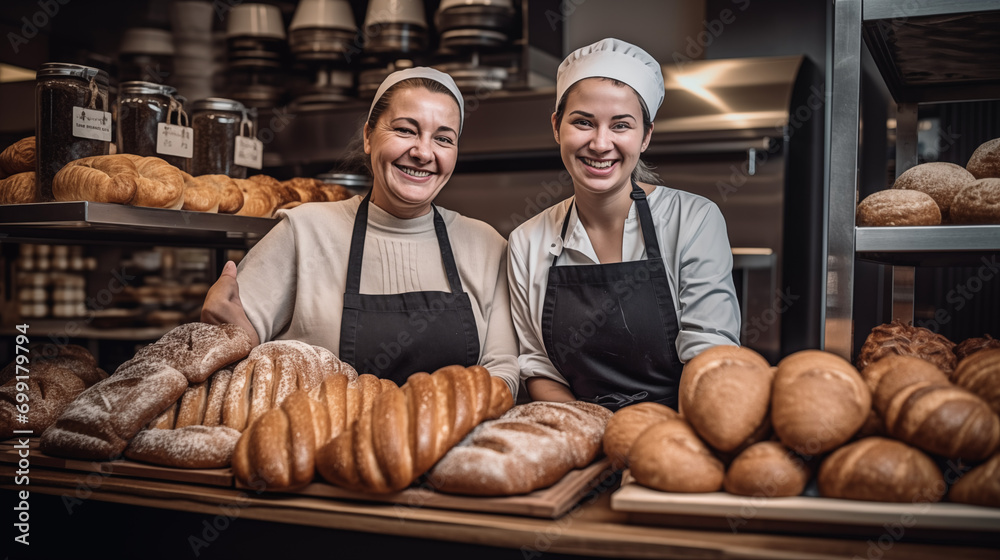 Two baker womans around breads and pastries in the bakery shop
