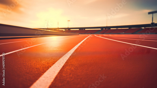 Orange running tracks where athletes are sprinting during a world championship competition to determine a winner. Summer outdoors stadium, tournament event concept, textured surface © Nemanja