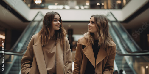 Two beautiful young woman shopping and talking in the mall photo