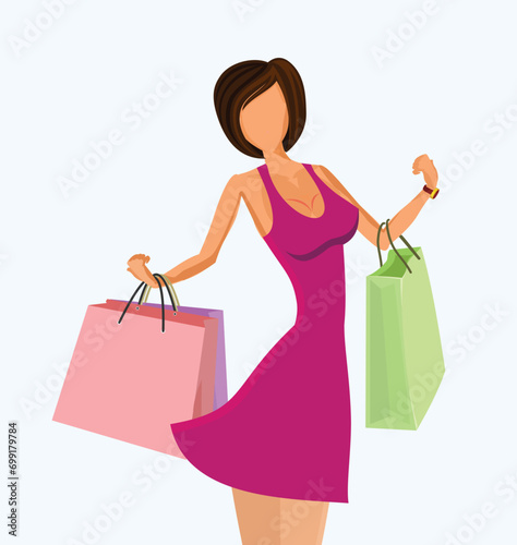 Illustration of lady with shopping bag coming from sale