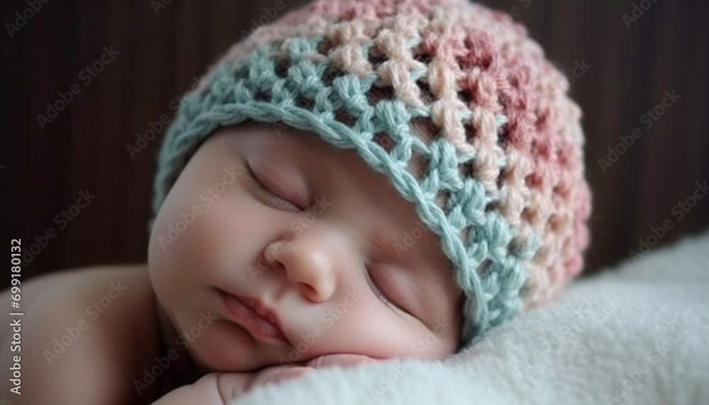 A cute newborn baby boy sleeping peacefully in a knit hat generated by AI A cute newborn baby boy sleeping peacefully in a knit hat generated by AI
