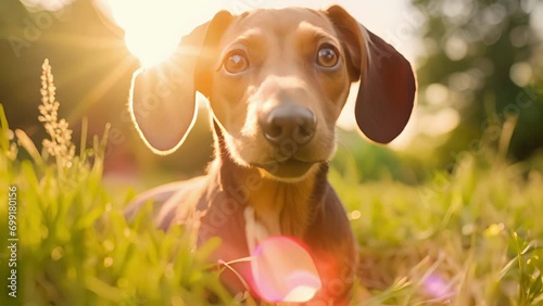 A medium shot of a small tan dachshund its back legs planted firmly in the grass as its eyes gaze eagerly upwards. photo