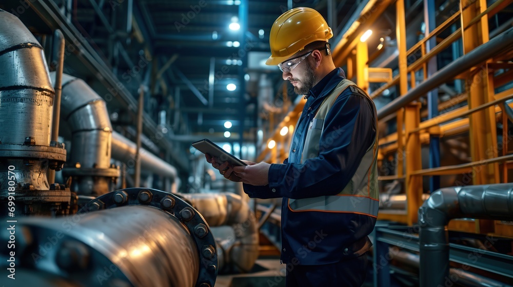 Fototapeta premium Technician engineer working in industrial plant by checking valve pipe, operation engineer working in industrial plant with tablet